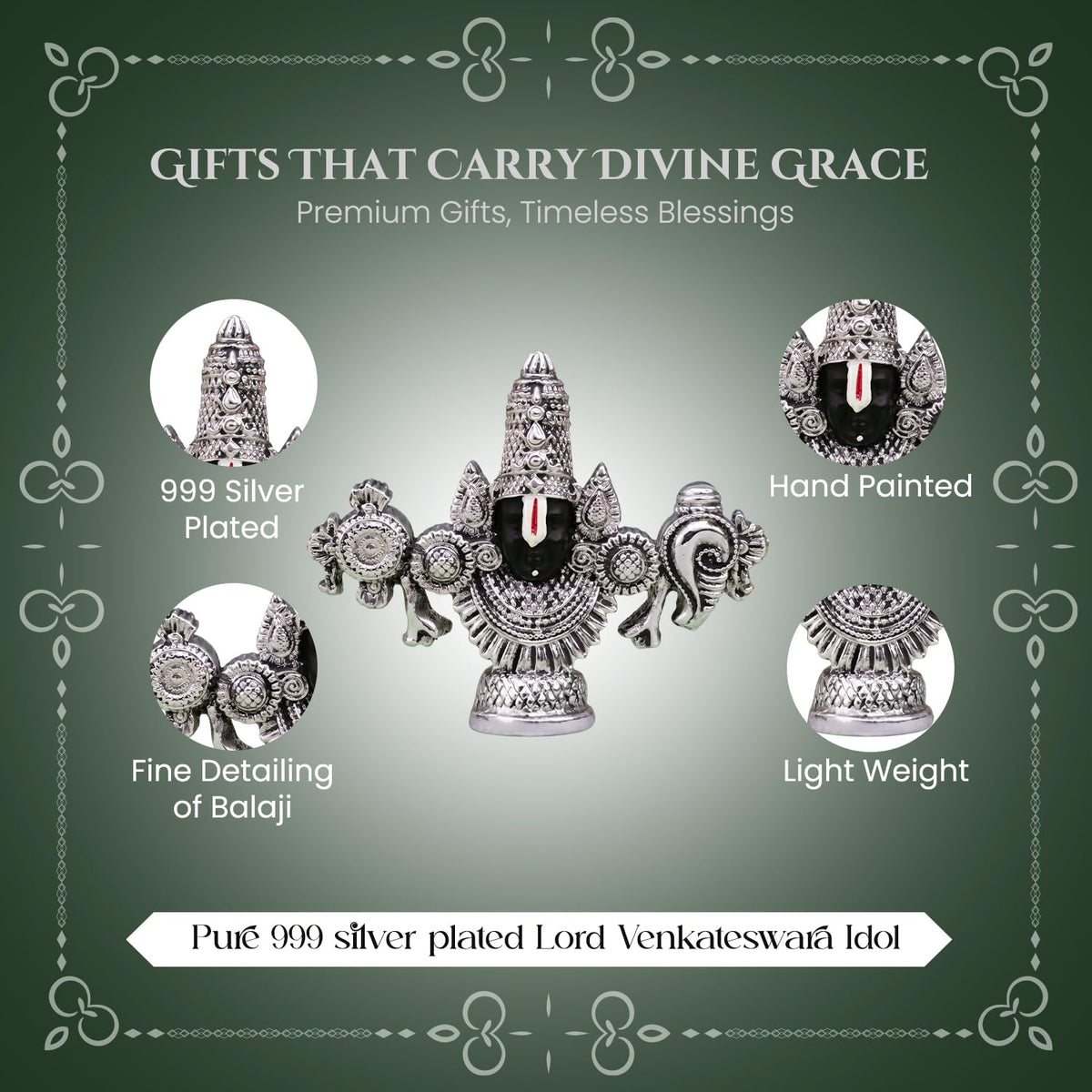 Pure 999 Silver Plated Tirupati Balaji Venkateshwara Idol with Gift Box | Lord Venkateswara Face Perumal Statue Pooja Room | Religious Housewarming Griha Pravesh Diwali Gift