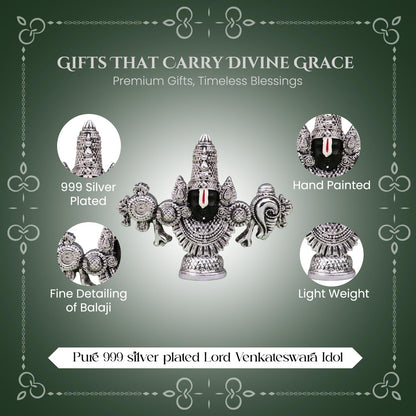 Pure 999 Silver Plated Tirupati Balaji Venkateshwara Idol with Gift Box | Lord Venkateswara Face Perumal Statue Pooja Room | Religious Housewarming Griha Pravesh Diwali Gift