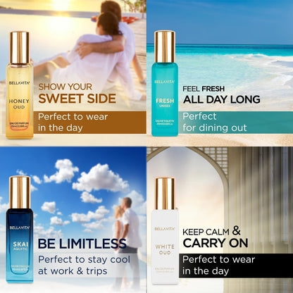 Promotional collage of Bellavita perfume bottles with scenic and lifestyle backgrounds.