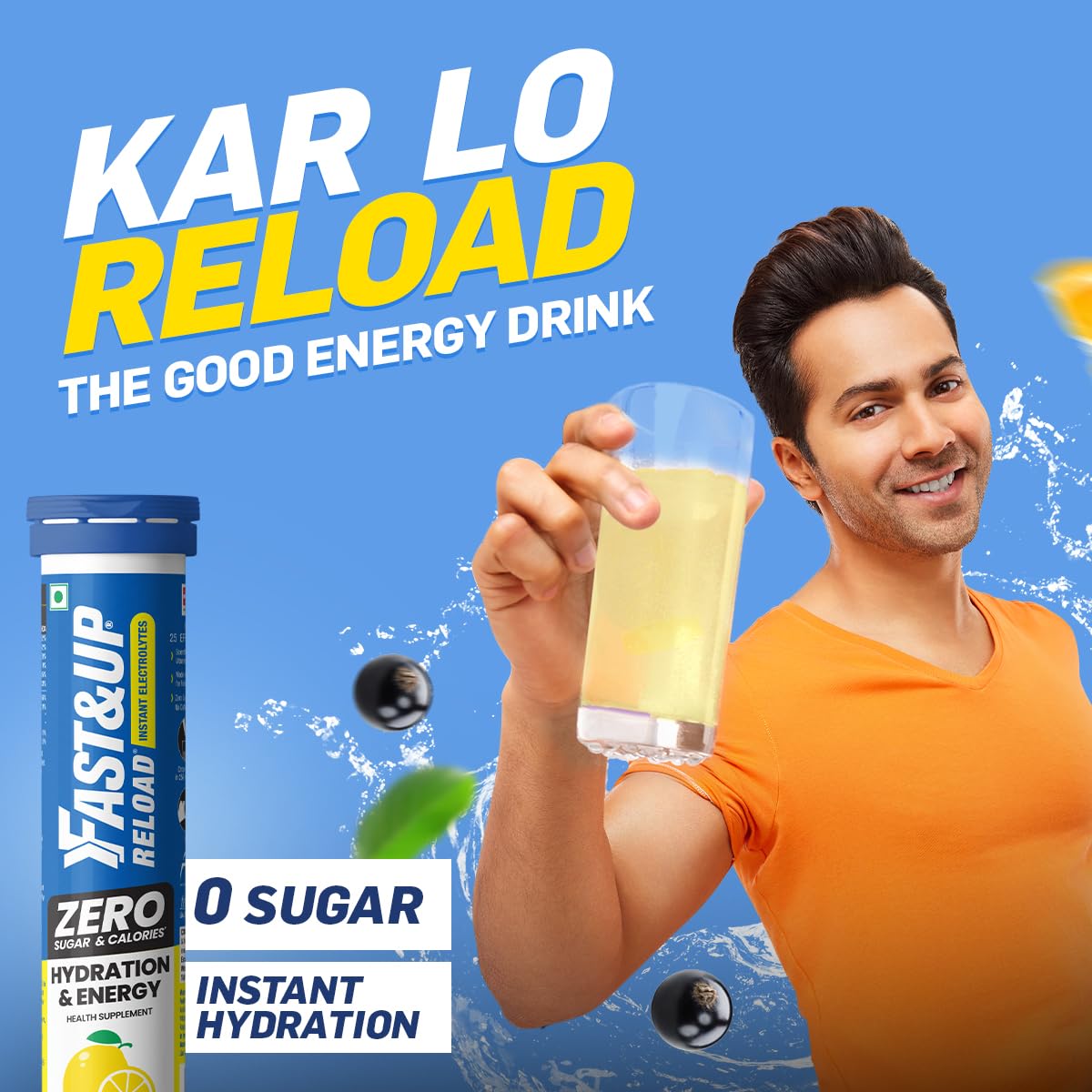 Person holding a glass of energy drink with Fast&Up Reload supplement and promotional text on a blue background