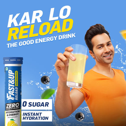 Person holding a glass of energy drink with Fast&Up Reload supplement and promotional text on a blue background