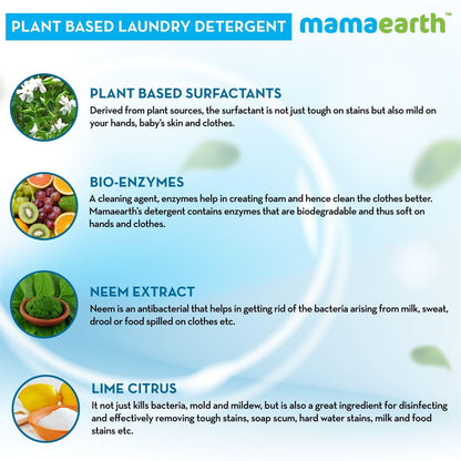 Mamaearth Plant Based Laundry Detergent For Babies - 1 L | Infused with Neem Extract and Lime Citrus Acid | Liquid Formula, Removes Tough Stains, Eliminates Odor