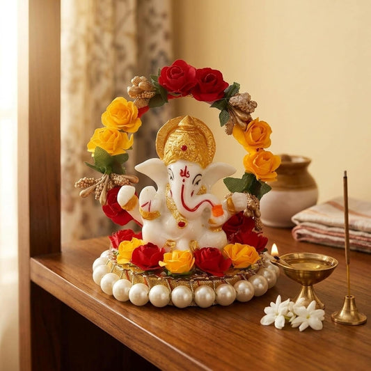 Resin Lord Ganesha Idol On Decorative Rose Flower Plate- Ganesha Idol for Home Decor Car Dashboard- Ganesha Statue- Ganesh Murti- Ganpati Murti God Statue Gift for Diwali Housewarming