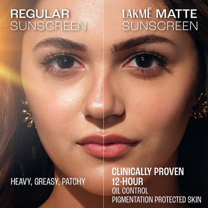 Comparison of regular sunscreen and Lakme Matte Sunscreen on a woman's face.