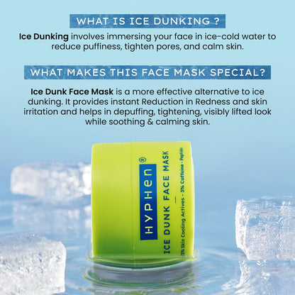Ice Dunk Face Mask packaging with ice cubes and water in the background