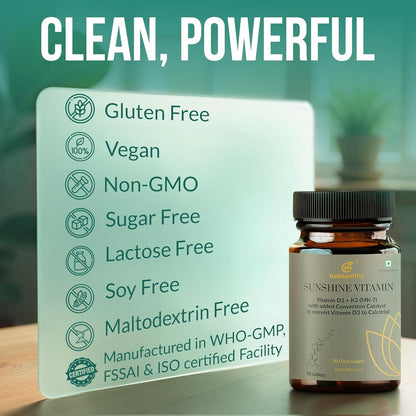 Sunshine Vitamin bottle with certification labels on a blurred indoor background