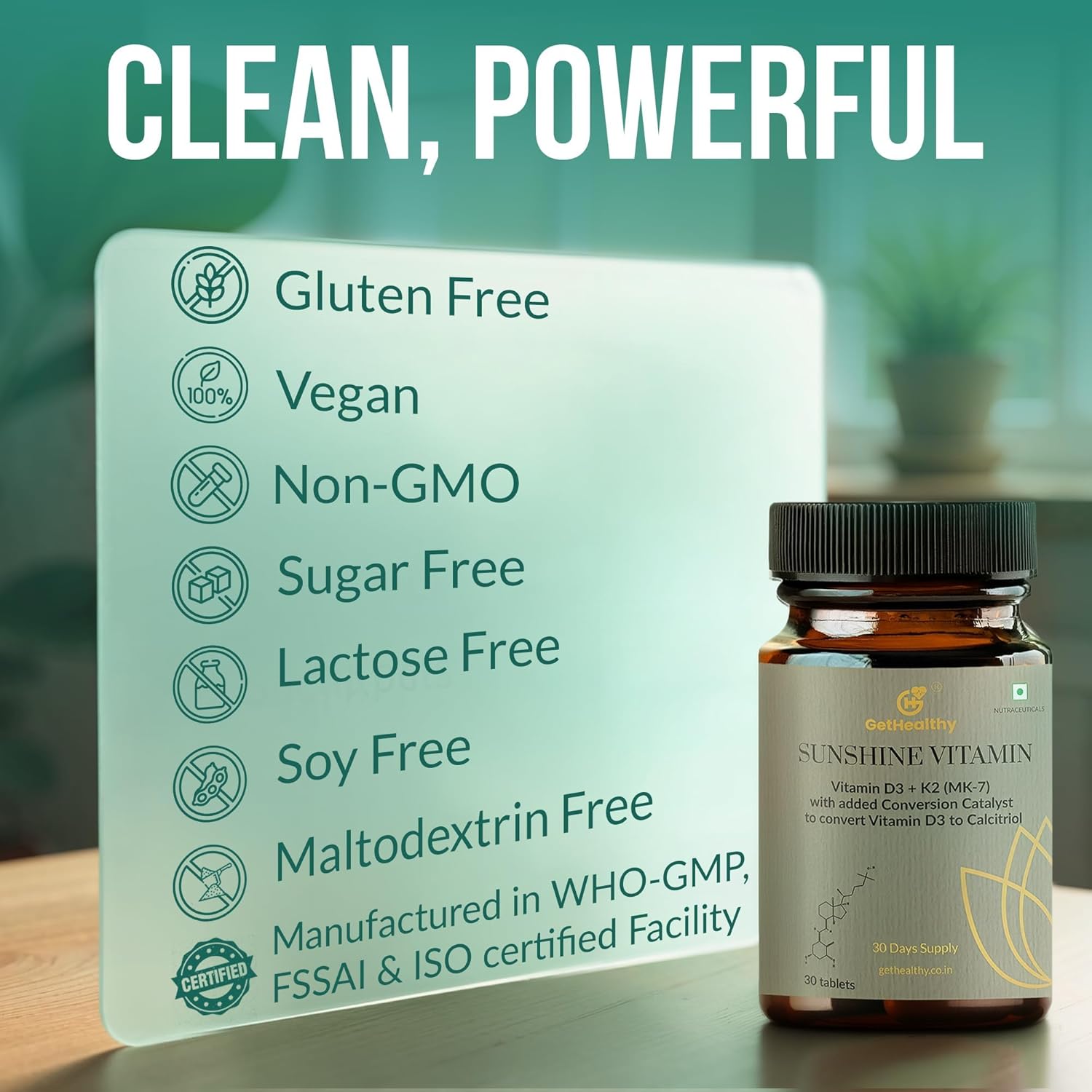 Sunshine Vitamin bottle with certification labels on a blurred indoor background