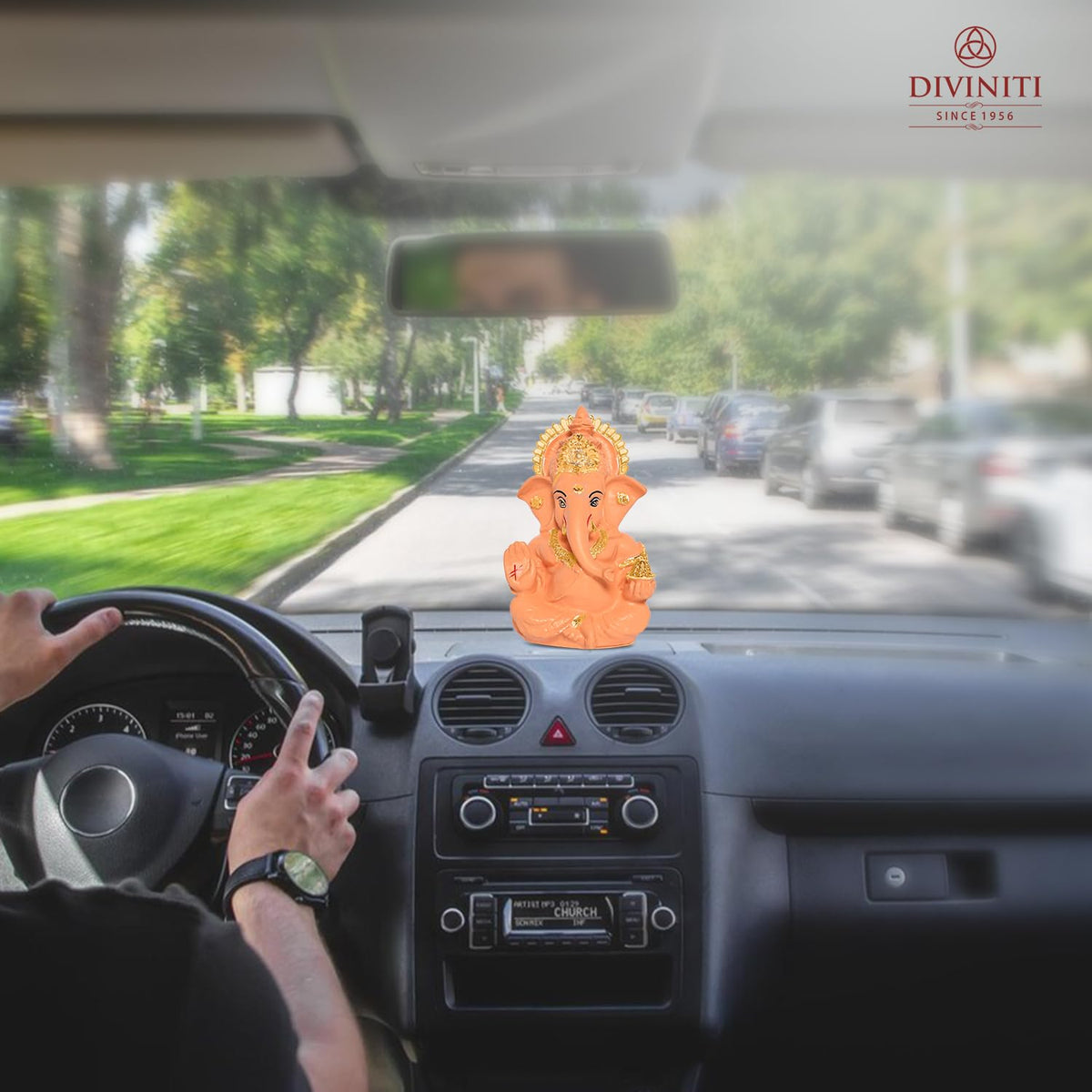 24K Gold Plated Resin Lord Ganesha Idol for Car Dashboard, Tabletop|Ganesh Statue for Good Luck and Success|Ganpati Murti for Home Decor Mandir, Office Desk Puja Gift Light Orange (8.4x4.2cm)