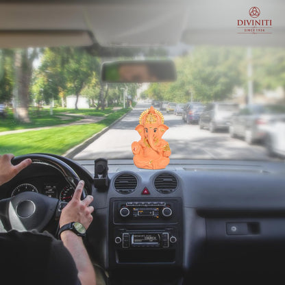 24K Gold Plated Resin Lord Ganesha Idol for Car Dashboard, Tabletop|Ganesh Statue for Good Luck and Success|Ganpati Murti for Home Decor Mandir, Office Desk Puja Gift Light Orange (8.4x4.2cm)