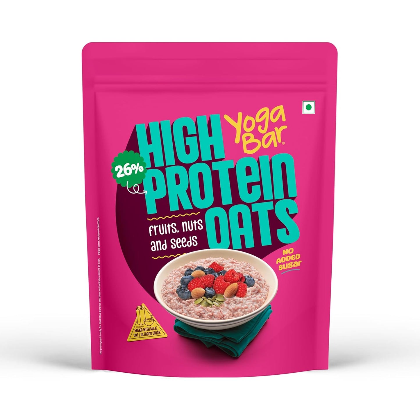 Yogabar 26g High Protein Oats 1kg , Fruits Nuts & Seeds - Breakfast Cereal with Wholegrains, 26% Protein & No added sugar - Oats High Protein for Gym - Premium Protein Blend with Whey Protein Powder - with Goodness of Chia, Sunflower