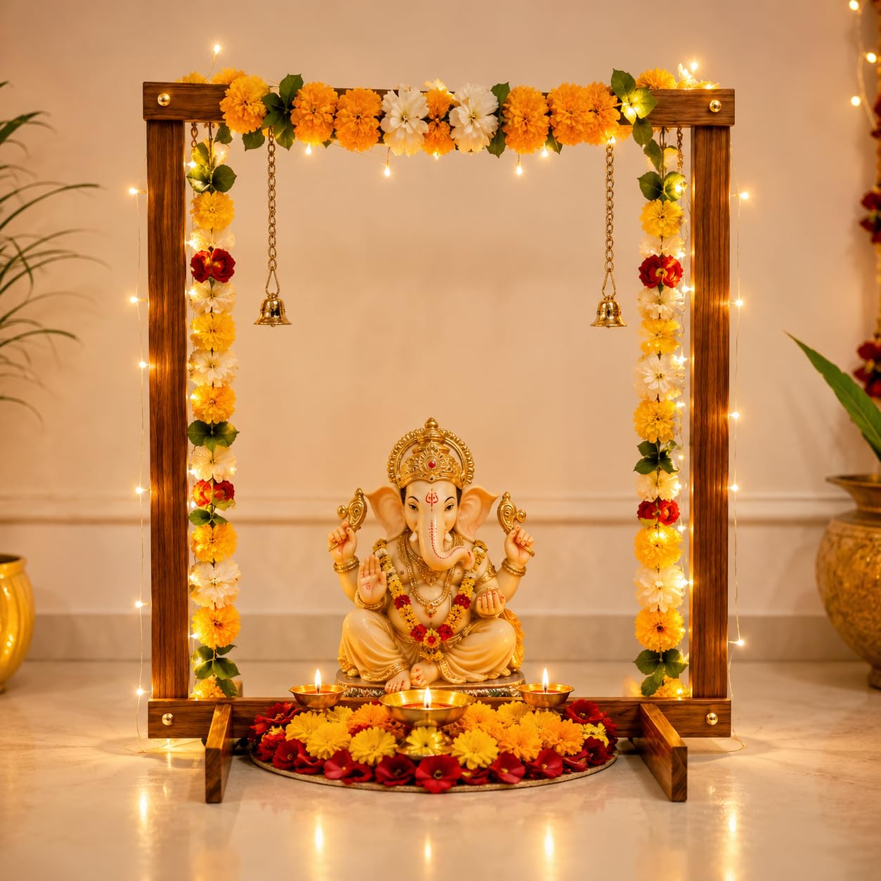 Foldable Wooden Mandap for Ganpati Decoration | Folding Ganpati Mandap for Home Pooja, Ganesh Chaturthi, Janmashtami, Navratri & All Festival Decoration | Wooden Backdrop Stand (Brown) (30 × 36 Inch)
