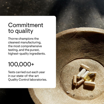 Pills on a stone surface with text about Thorne's commitment to quality and testing.