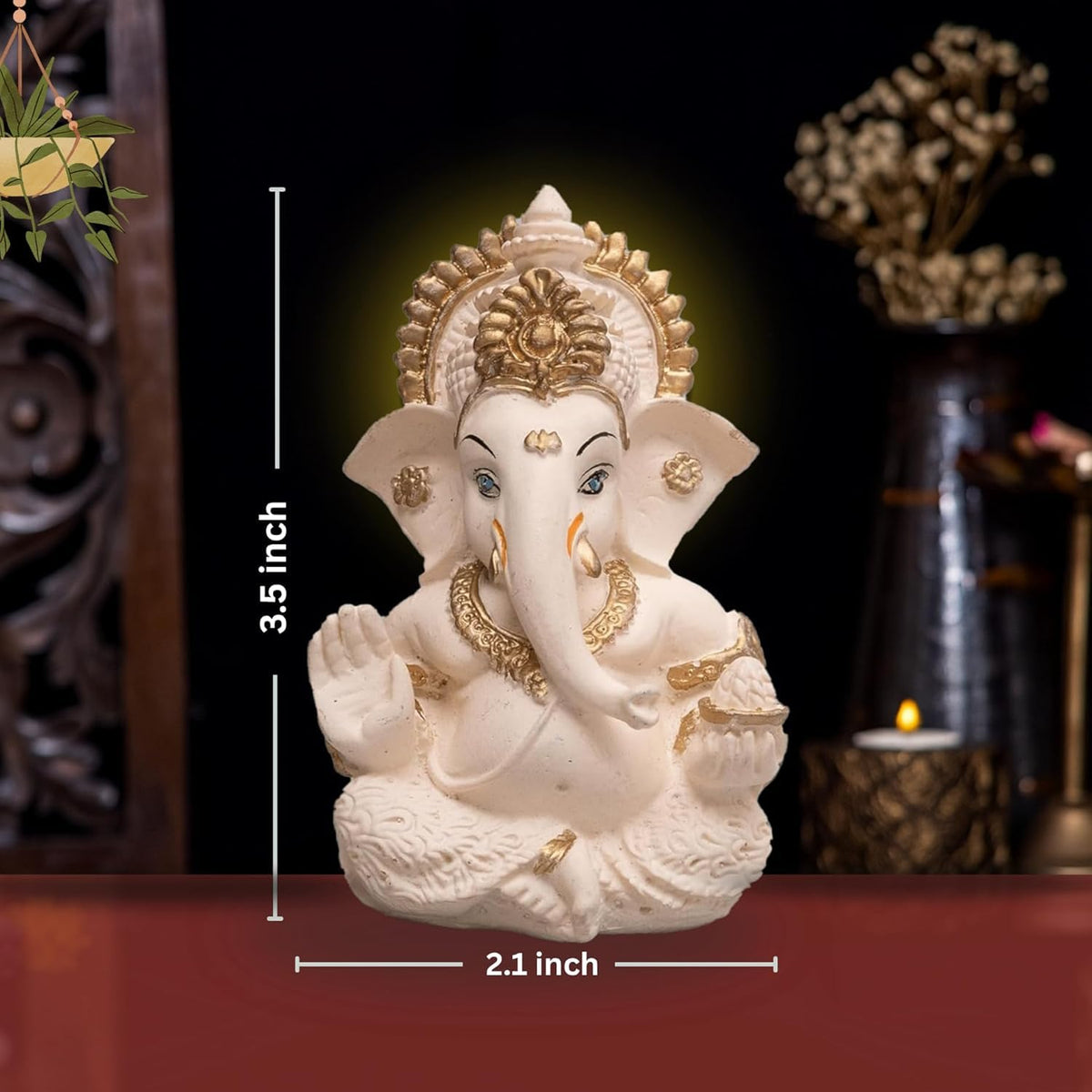 Lord Ganesha Idol for Car Dashboard, Home Temple & Office Decor | Gold Plated Resin Ganpati Murti for Puja, Mandir, Vastu, Diwali, Housewarming Gift | 3.5 Inch | Pack of 1 (Peach)