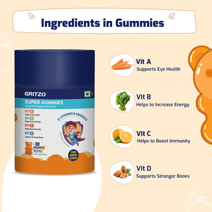 Gritzo Super Gummies, Multivitamin for Kids (Natural Orange Flavour, 30 Gummies) | Zero Added Sugar, 21 Vitamins & Minerals