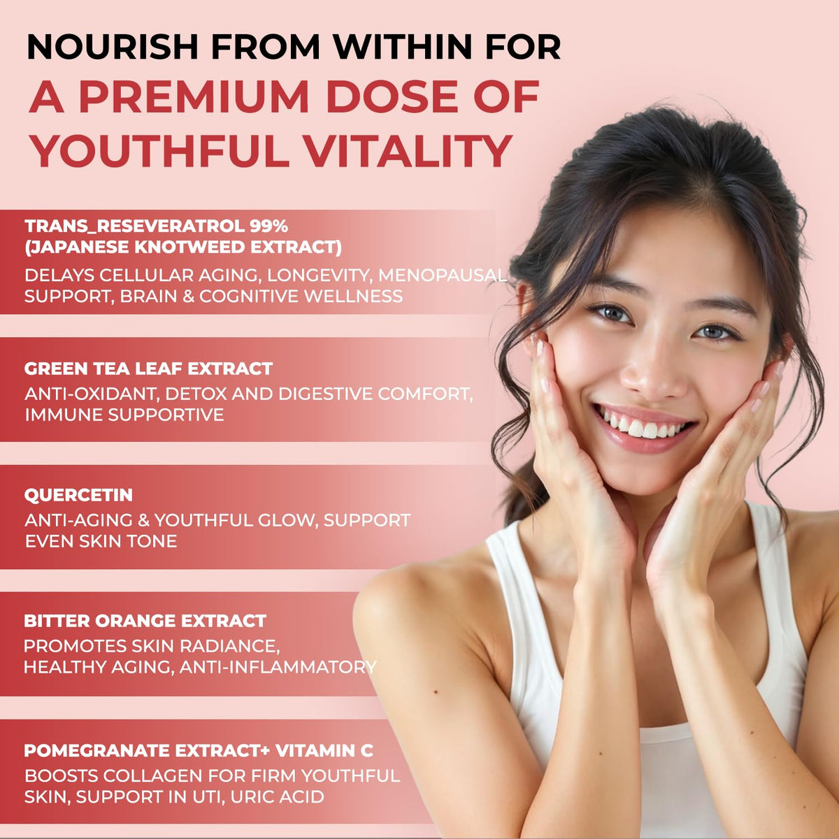 Woman with hands on face against a pink background with text about youthfulness and wellness.