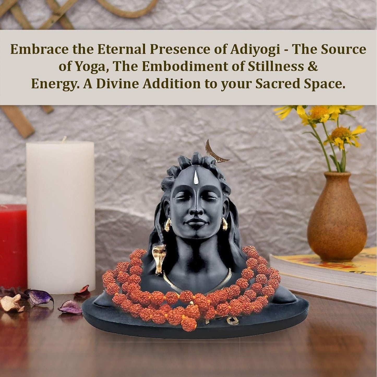 JD FRESH 3 Inch Adiyogi Statue with Rudraksh Mala/Resin Car Dashboard Idols/Lord Shiva for Pooja/Shivratri Gift/Decor/Shiv Murti/Mahadev Statues/Decorative Items for Home/Office (Black)