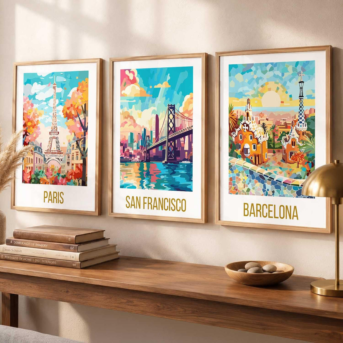 Decorative Travel poster With Frame Wall Art Home Decor Painting For Living Room Office Hotel Wall Decor Digital Reprint Set of 3 (13X17 inch)