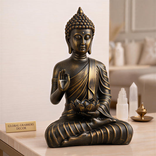 Heeran Art Blessing Lotus Buddha Statue for Home Decor | Buddha Idol for Home Decor | Home Decoration Items for Living Room | Showpiece & Show Pieces for Home Decor Living Room|DB2 (Antique Golden)