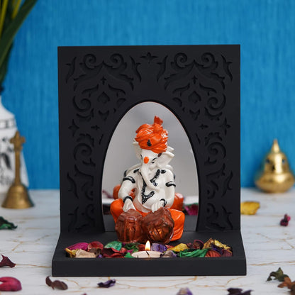Orange White Resin Lord Ganesha Idol Playing Tabla Showpiece Potpourri Tea Light Candle Holder| Ganpati Murti Tea Light Holder Diwali Decoration Items for Home Decor Office| Diwali Gift