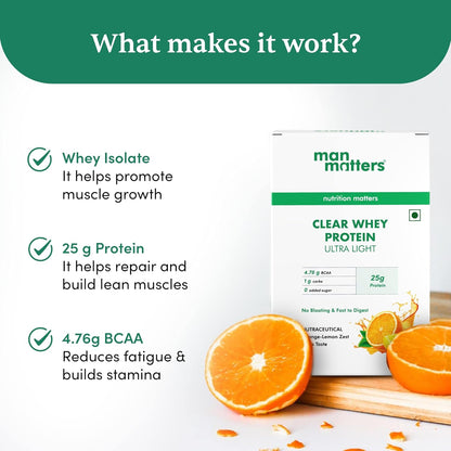 Man Matters Clear Whey Protein Powder (Orange Flavour) | No Added Sugar | For Muscle Support & Recovery | Ultra Light Formulation | 170g (34g x 5 Sachet) | Vegetarian & Gluten Free