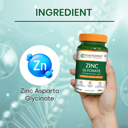 Pure Nutrition Zinc Glycinate Supplement (66 mg) | 120 Veg Capsules | 13.2 mg Elemental Zinc | Daily Zinc Supplement for Skin, Hair & General Wellness