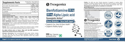 Supplement label for Benfotiamine 300 mg with Alpha Lipoic Acid by Trexgenics, featuring logos and text.