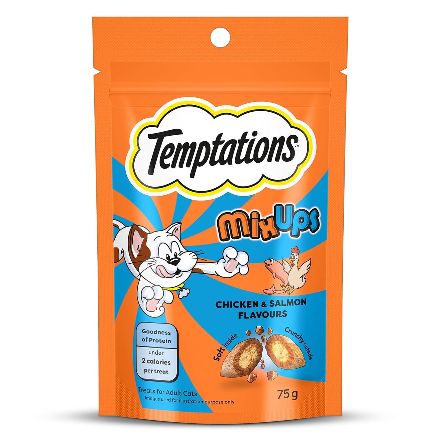 Temptations MixUps Cat Treats, Chicken & Salmon Flavours, 75g – Two Irresistible Flavours in One Pack, Crunchy Outside Soft Inside, Goodness of Protein, Vitamins & Minerals, Resealable Pouch
