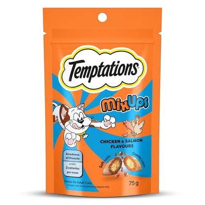 Temptations MixUps Cat Treats, Chicken & Salmon Flavours, 75g – Two Irresistible Flavours in One Pack, Crunchy Outside Soft Inside, Goodness of Protein, Vitamins & Minerals, Resealable Pouch
