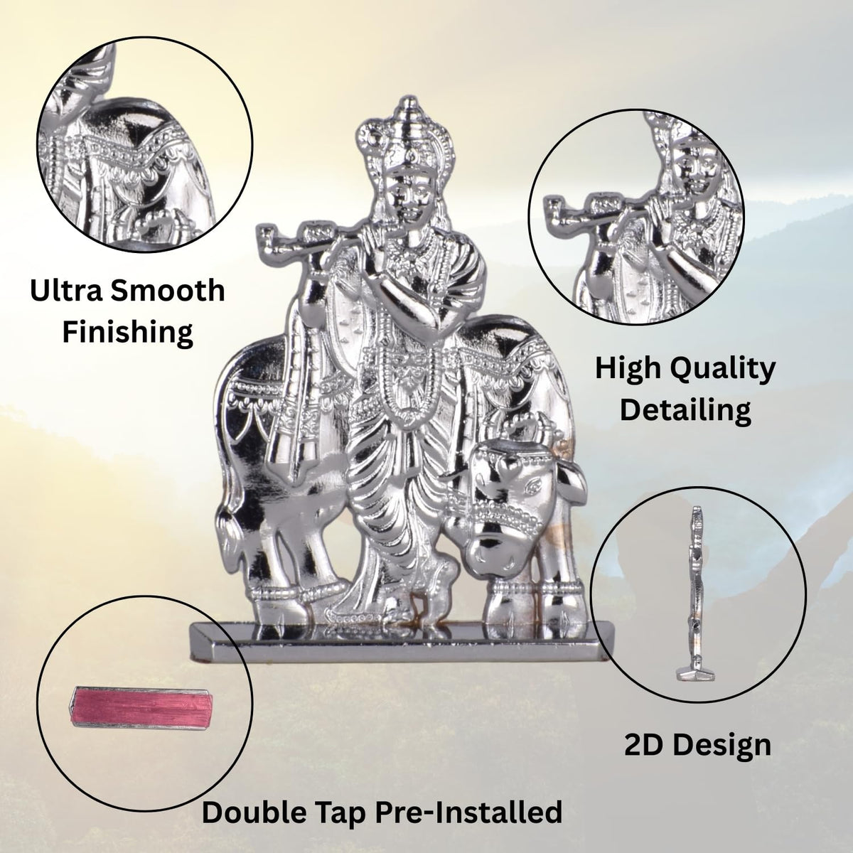 Sri Krishna with Cow & Bansuri Idol for Car Dashboard – Silver Finish Krishna Ji Figurine Spiritual Decor for Home & Mandir (S935-SLVR)
