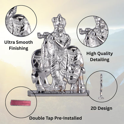 Sri Krishna with Cow & Bansuri Idol for Car Dashboard – Silver Finish Krishna Ji Figurine Spiritual Decor for Home & Mandir (S935-SLVR)