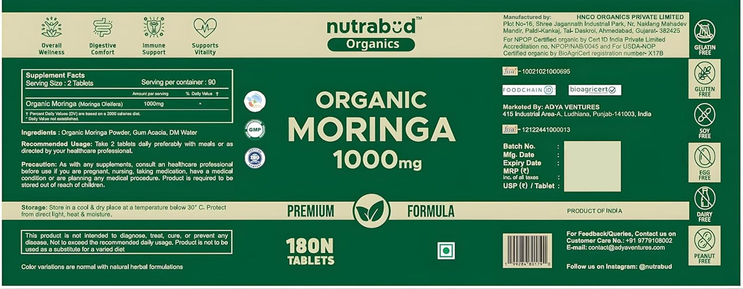 Nutrabud Moringa Tablet 1000mg - 180 Tablets - Moringa Leaves Powder Tablets for Immunity, Digestion & Energy - Certified Organic (180 Count (Pack of1))