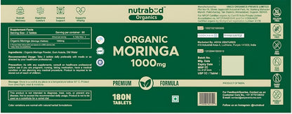 Nutrabud Moringa Tablet 1000mg - 180 Tablets - Moringa Leaves Powder Tablets for Immunity, Digestion & Energy - Certified Organic (180 Count (Pack of1))