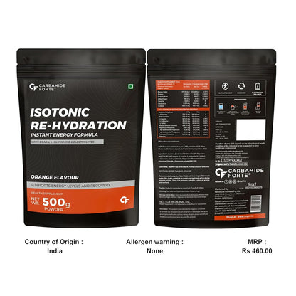 Carbamide Forte Isotonic Powder | Pre Workout Supplement For Men And Women| Instant Energy Drink for PreWorkout | Electrolytes Powder with added BCAA & L Glutamine - Orange Flavour - 500g (Pack of 1)