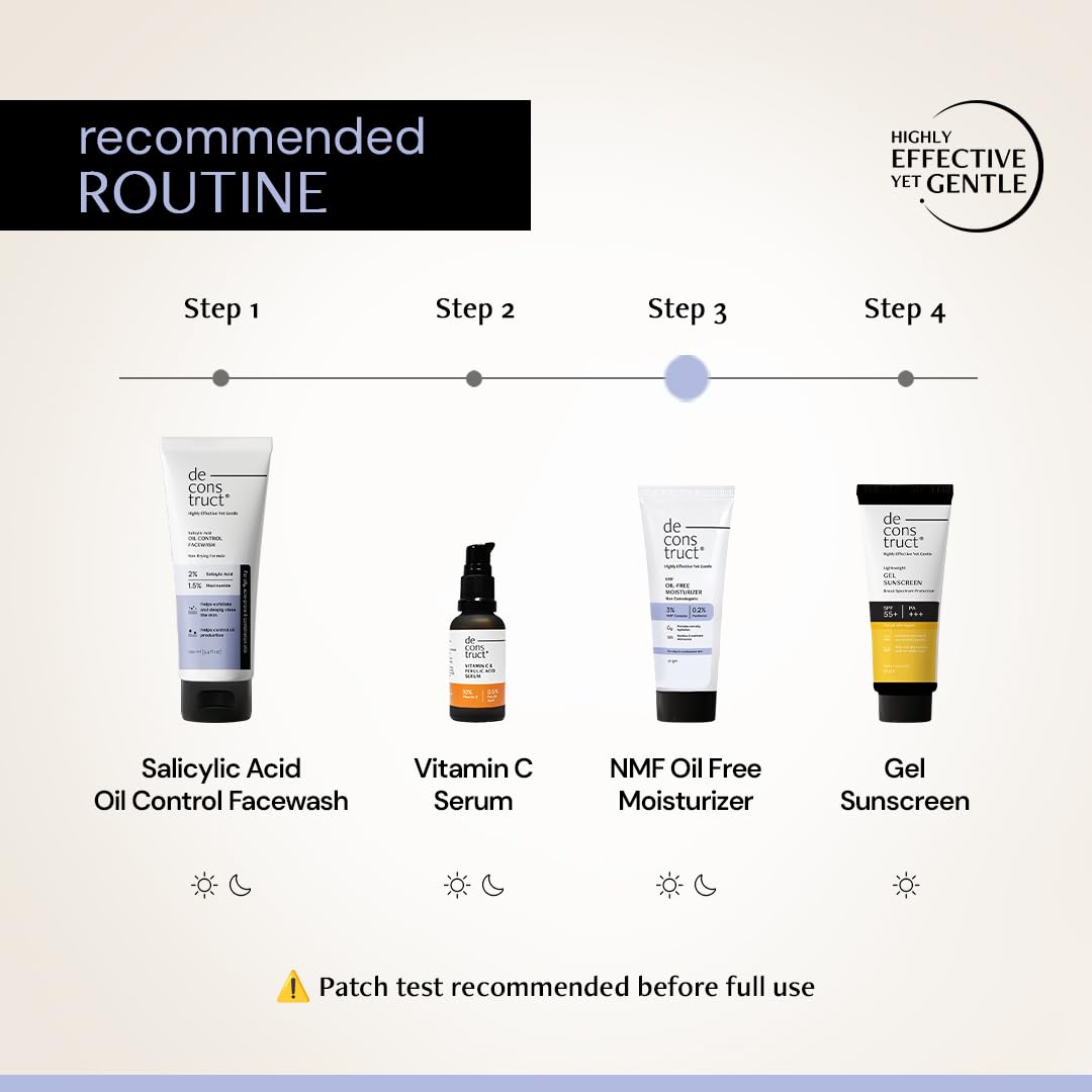 Skincare routine with products and steps labeled on a beige background