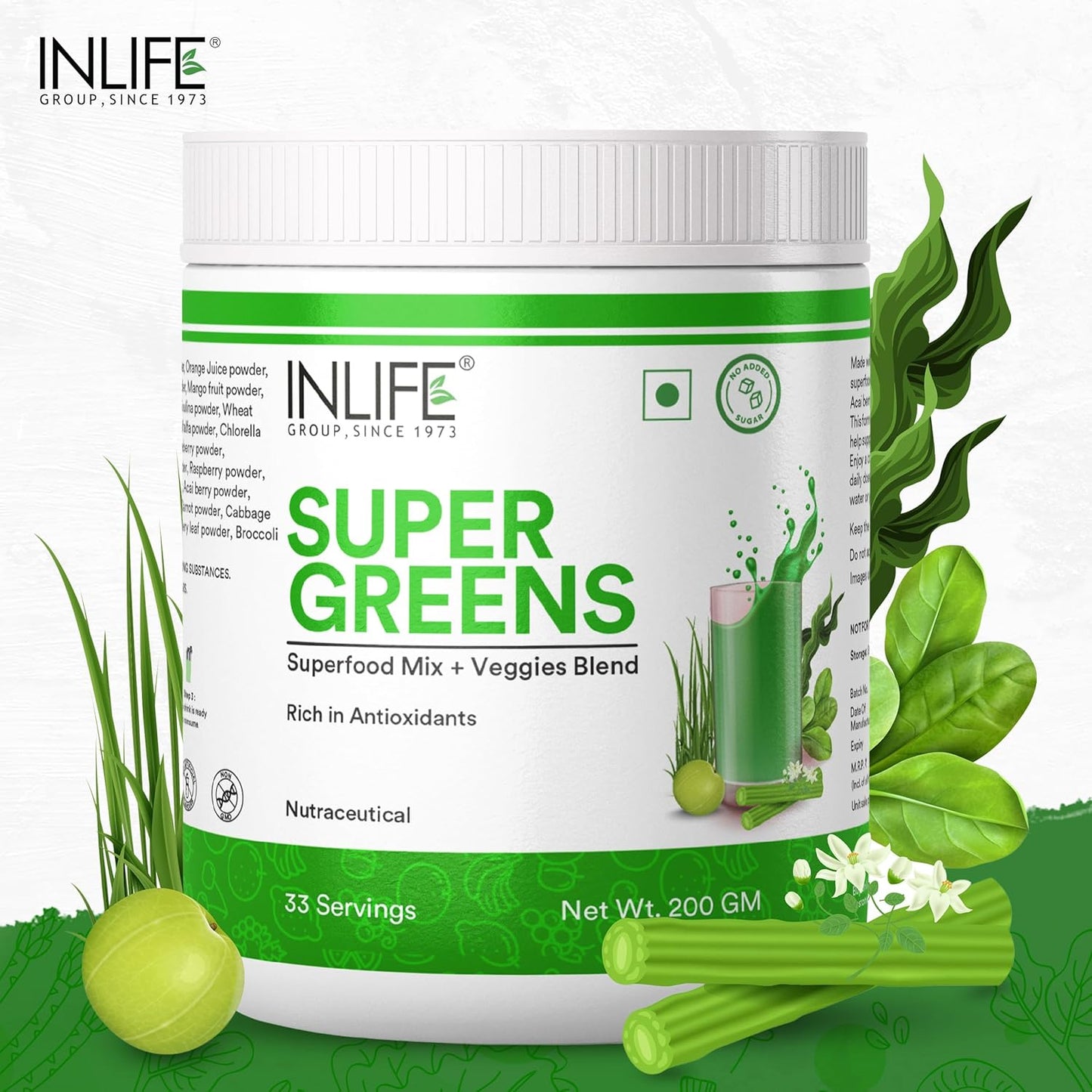 INLIFE Super Greens Powder Supplement | Spirulina, Moringa, Chlorella, Alfalfa, Wheat Grass, Barley Grass Blend | - 200g