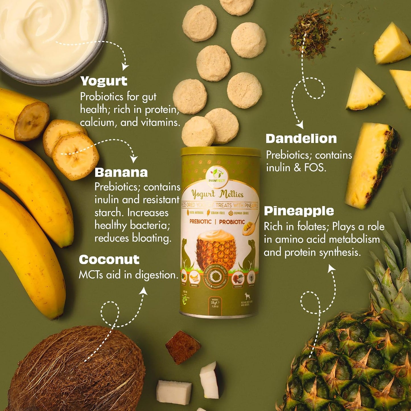 Pawfect Yogurt Melties Freeze Dried Pre and Probiotic Dog Treats with Pineapple, Coconut, Banana, Dandelion - Healthy Gut - Low Calories - Grain & Gluten Free - Reward or Training Treats (38g/1.34oz)