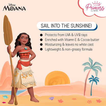Disney Moana character holding a paddle with product features on a beach background
