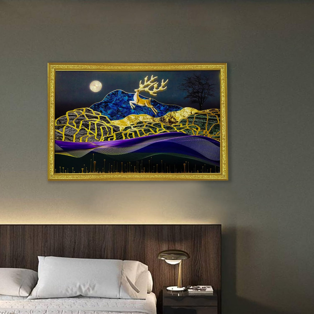3D Golen Foil Modern Art Landscape with Joyful Lucky Reindeer | Framed Painting | Ready to Hang - (Multicolor, 14 Inch x 20 Inch)