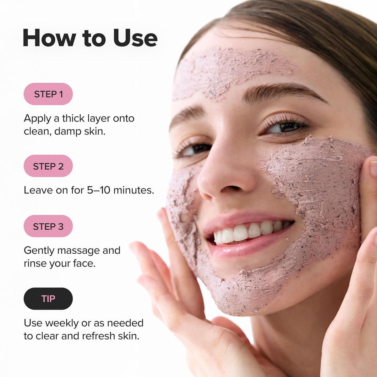 Woman applying a facial mask with step-by-step instructions on how to use it.
