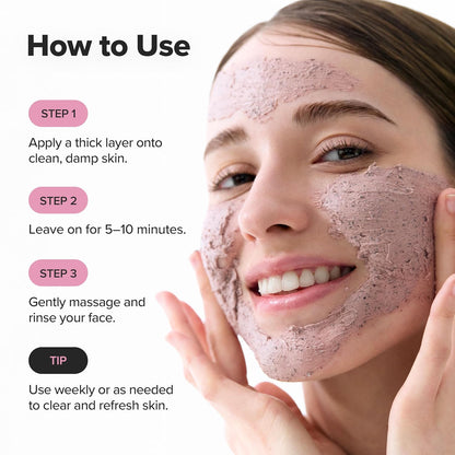 Woman applying a facial mask with step-by-step instructions on how to use it.
