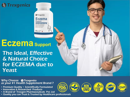 Doctor holding a bottle of Trexegenics Eczema Support with product details on a blue background