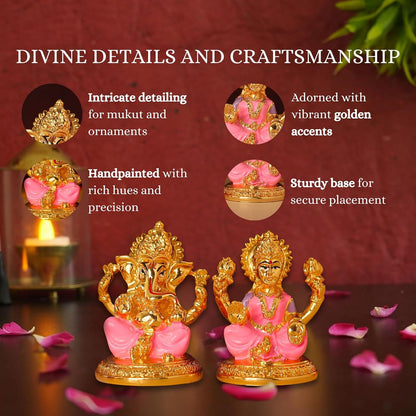 Gold Plated Laxmi Ganesh Idols for Pooja Room, Car Dashboard, Gifting, Table and Home Decor - Resin - 3x2 Inches (Pink)