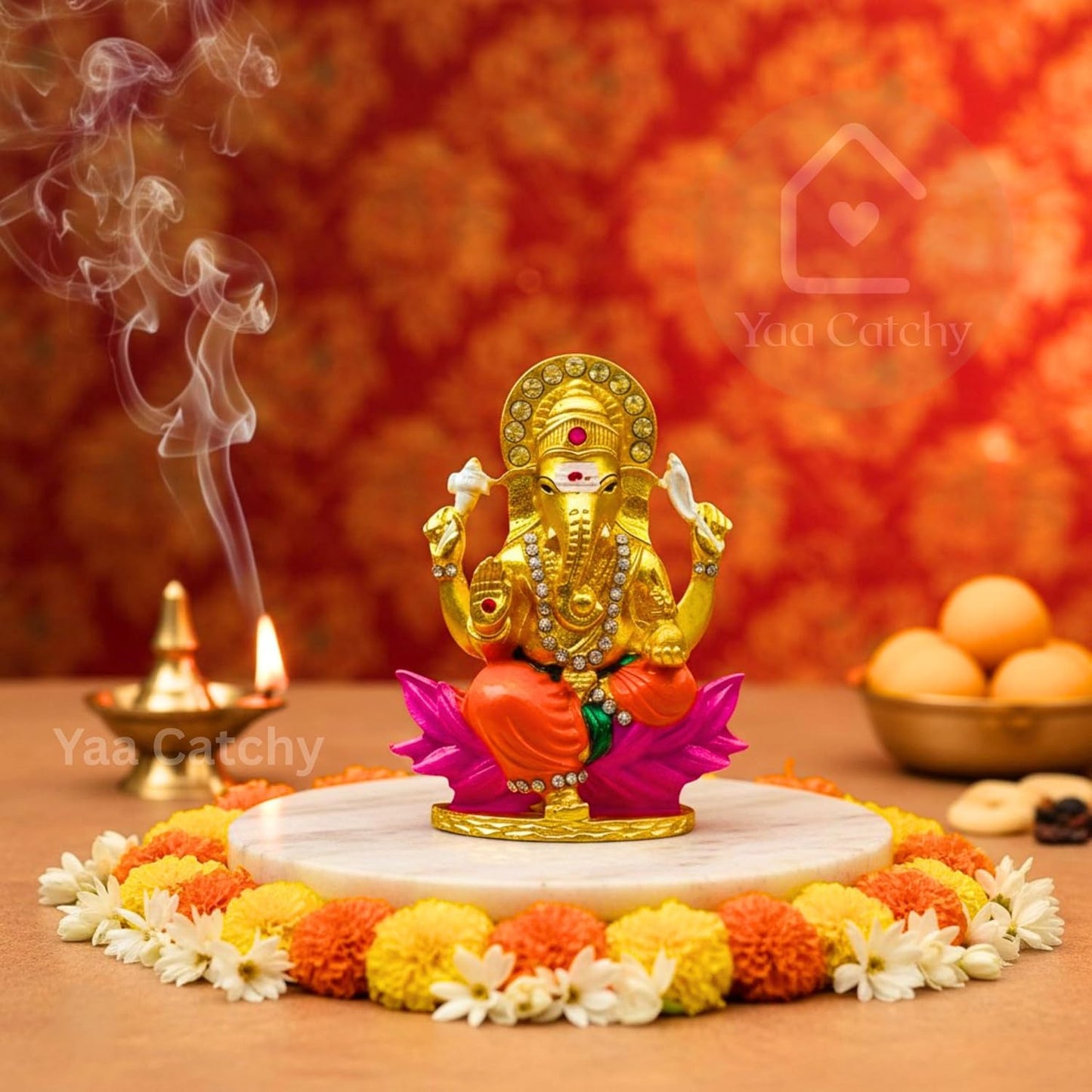 Yaa Catchy Lord Ganesha Car Dashboard Idol & Crystal Stones Lotus Base Design Hindu God Ganpati.Believed to Protect and Bless Travelers on Their Journeys. (Color)