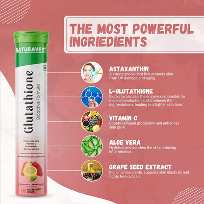Naturavest Glutathione 600 mg for skin whitening, For Pigmentations and Glowing Skin Powerhouse of Antioxidants with Bioactive Formula, (Strawberry & Lemon flavour) (15 tablets)