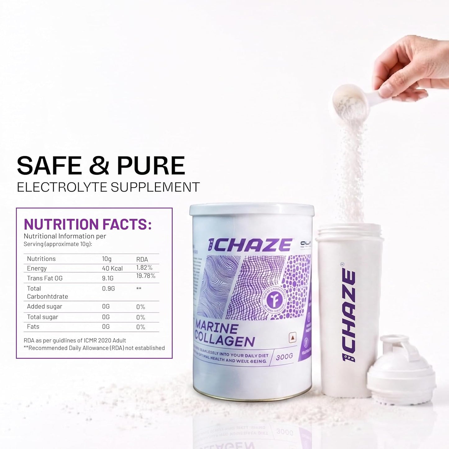 QUA Nutrition 1Chaze Marine Collagen Powder | Natural Collagen Supplements for Women & Men | Type 1 Peptides for Skin, Hair, Nails, Joints | Gluten-Free, Zero Sugar, Keto Friendly | 10g x 25 Servings