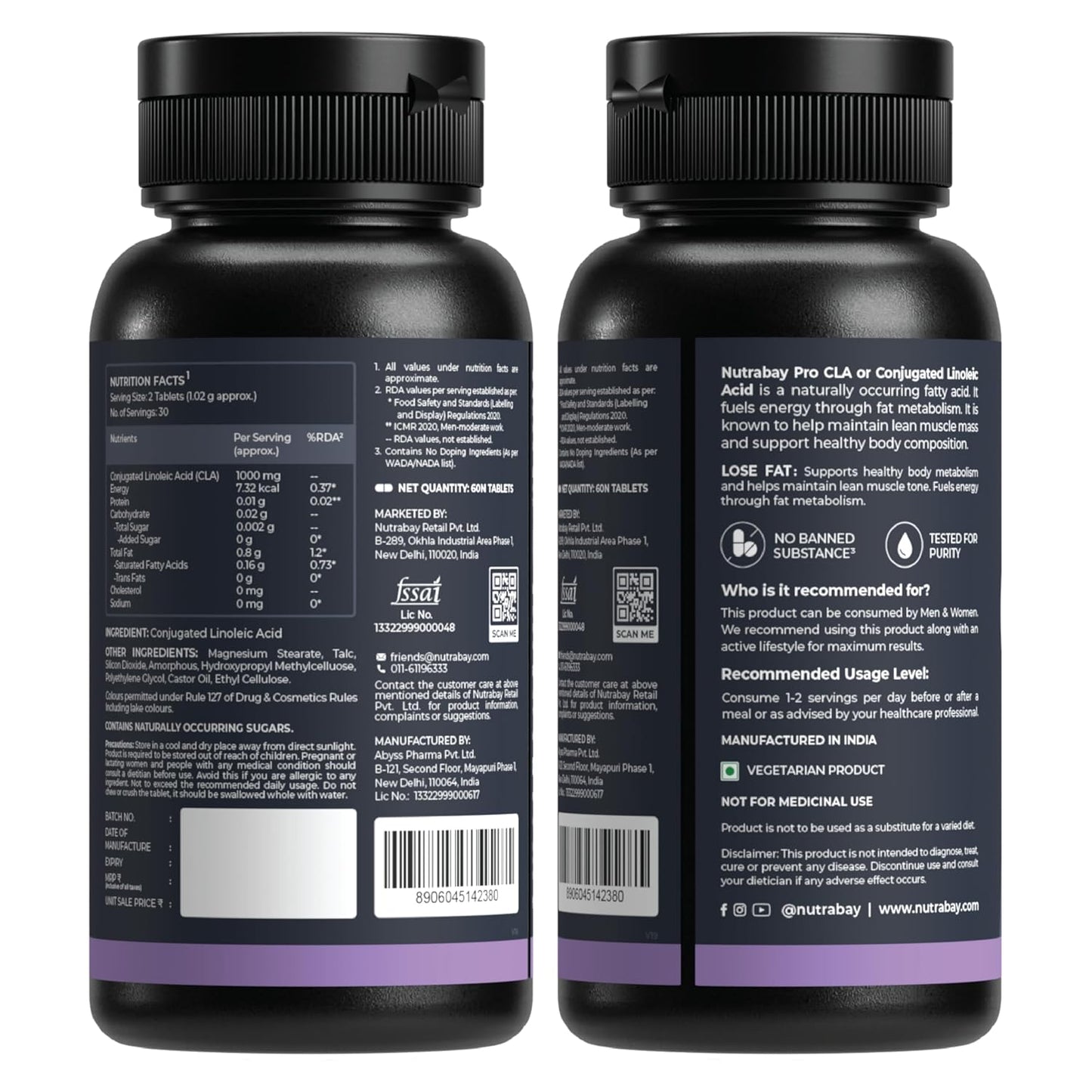 Two black supplement bottles with labels on a white background