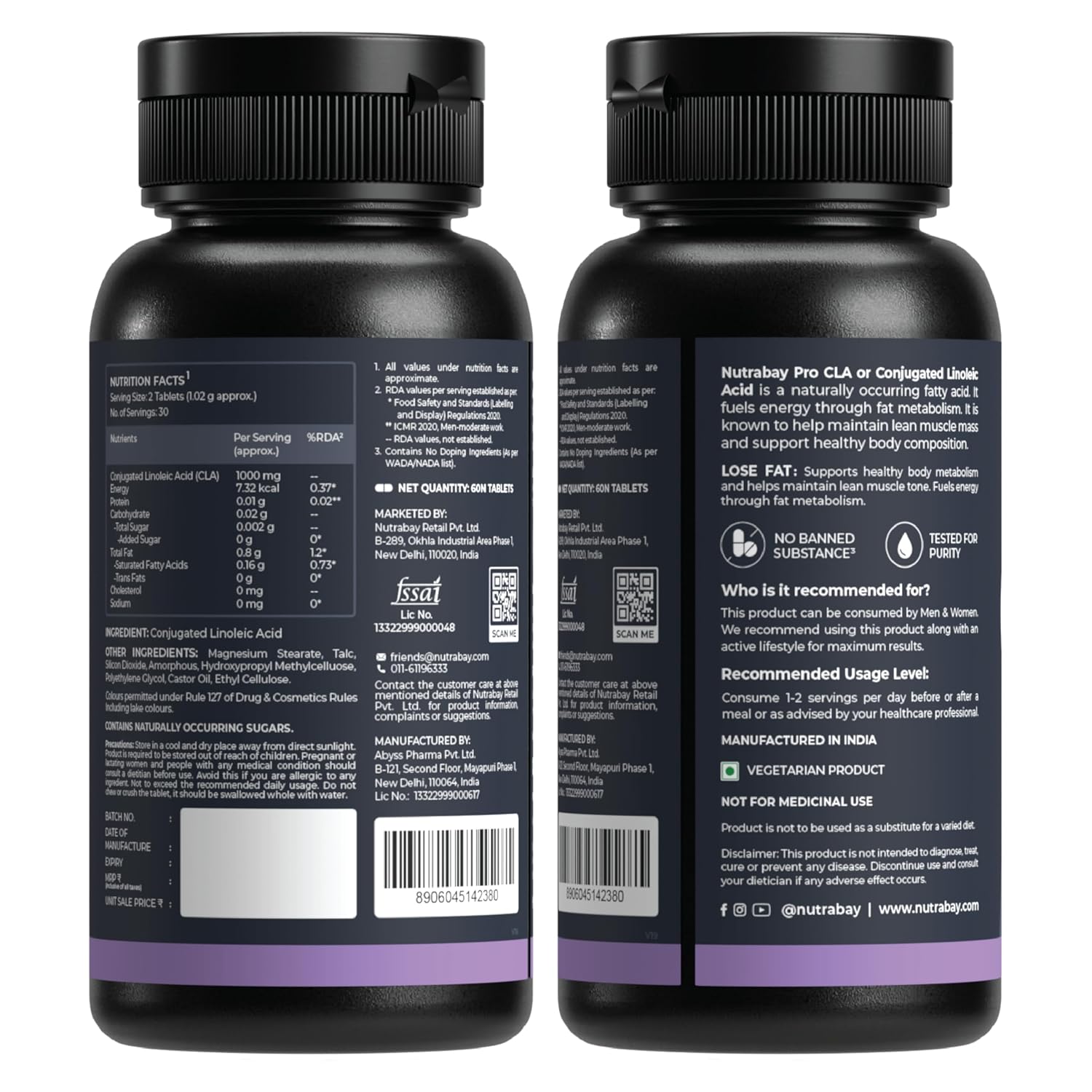 Two black supplement bottles with labels on a white background