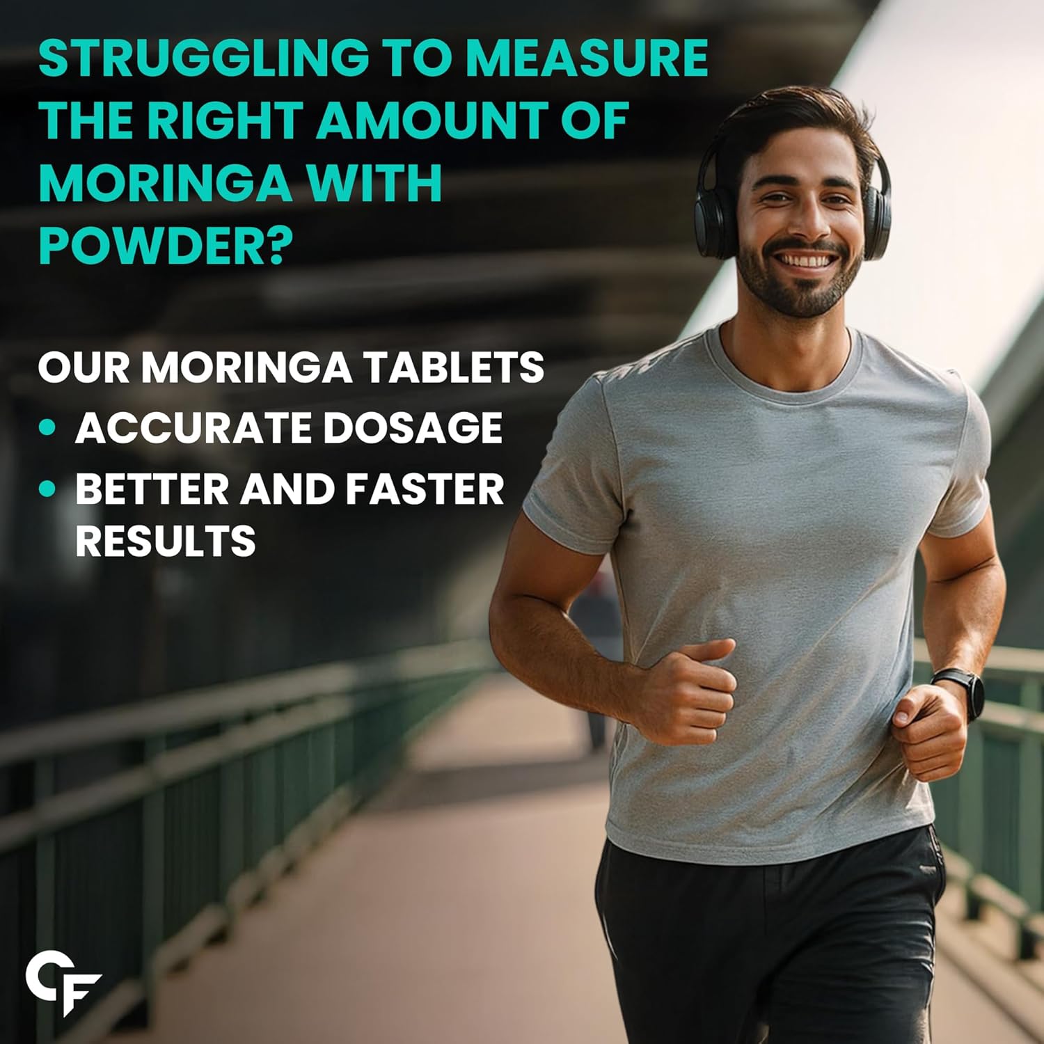 Man running on a bridge with promotional text about moringa tablets.