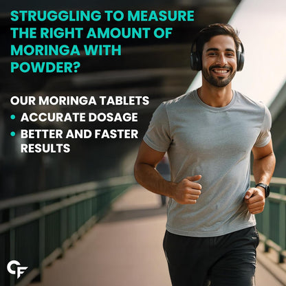 Man running on a bridge with promotional text about moringa tablets.