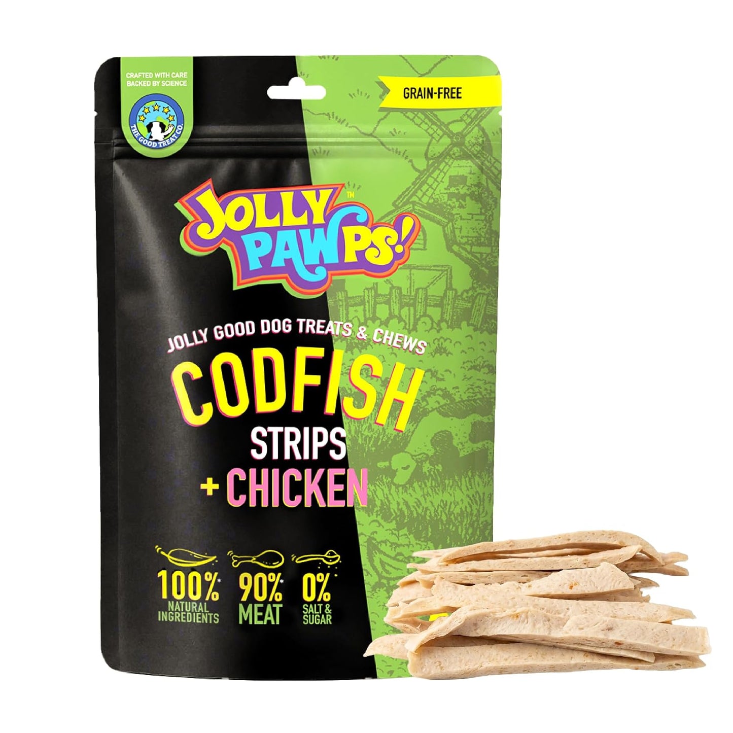 Jolly Pawps Codfish + Chicken Strips Dog Treat – 90% Prime Cut Meat, Lab Tested, Grain Free, 0% Salt or Sugar, Fish Dog Treats for Adult Dogs & Puppies 85g